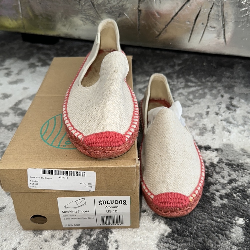 Soludos smoking slipper light beige woven and contrast pink trim espadrielles